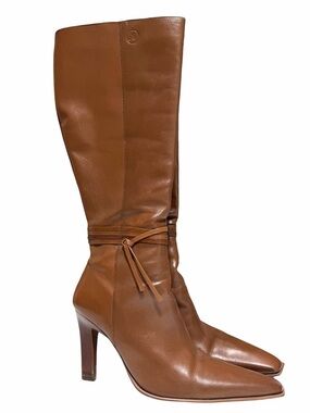 Bronx Brown Leather Knee High Boots Pointed Toe Heeled Zip Up Size 9.5